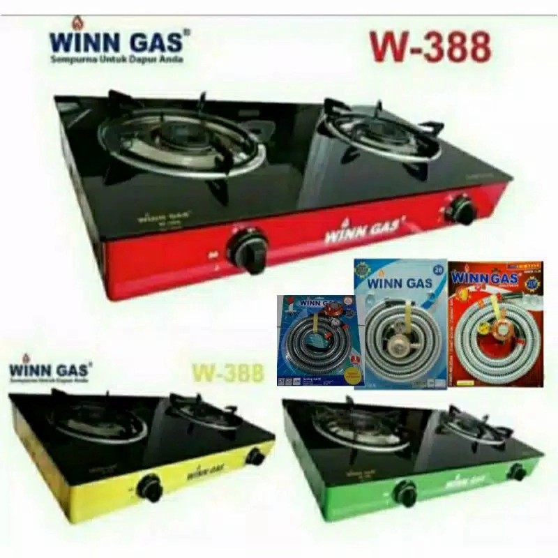 Winn Gas , W 388 , Win Gas , Kompor Gas Kaca , 2 Tungku + Selang