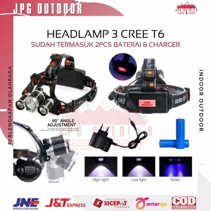 Headlamp Outdoor Headlight Senter Kepala 3 LED Cree XM-L T6 10000 Lumens include Baterai dan Charger