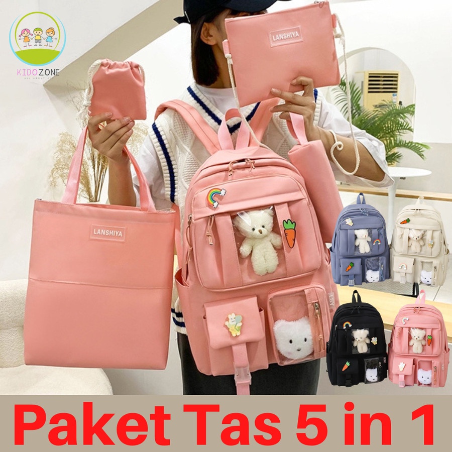 Tas Ransel Wanita Cewek Sekolah SD SMP SMA Kuliah Set 5 in 1 TA0016