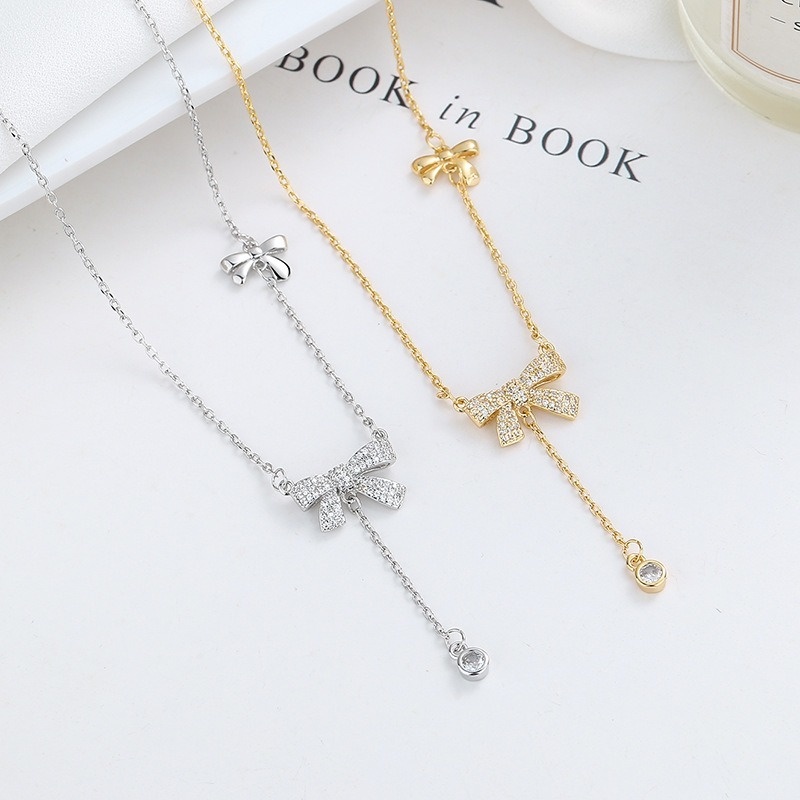 Kalung Rantai Sterling Silver 925 Dengan Liontin Pita Hias Berlian Imitasi Untuk Wanita