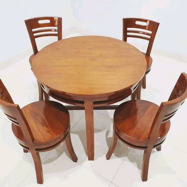 MEJA MAKAN MINIMALIS KAYU JATI BULAT KURSI 4