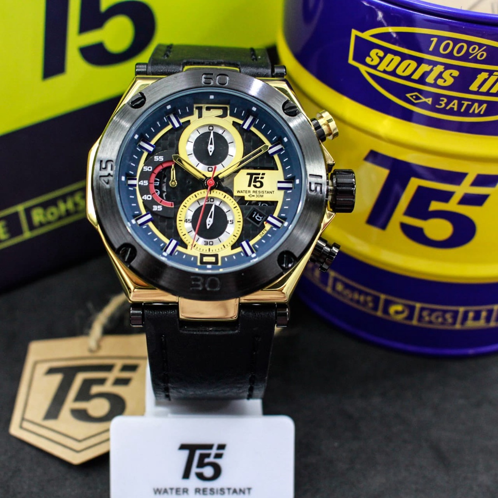 T5 H 3881G ORIGINAL/JAM TANGAN COWOK TALI KULIT T5 H 3881G/JAM TANGAN CHRONOGRAPH STOPWATCH/