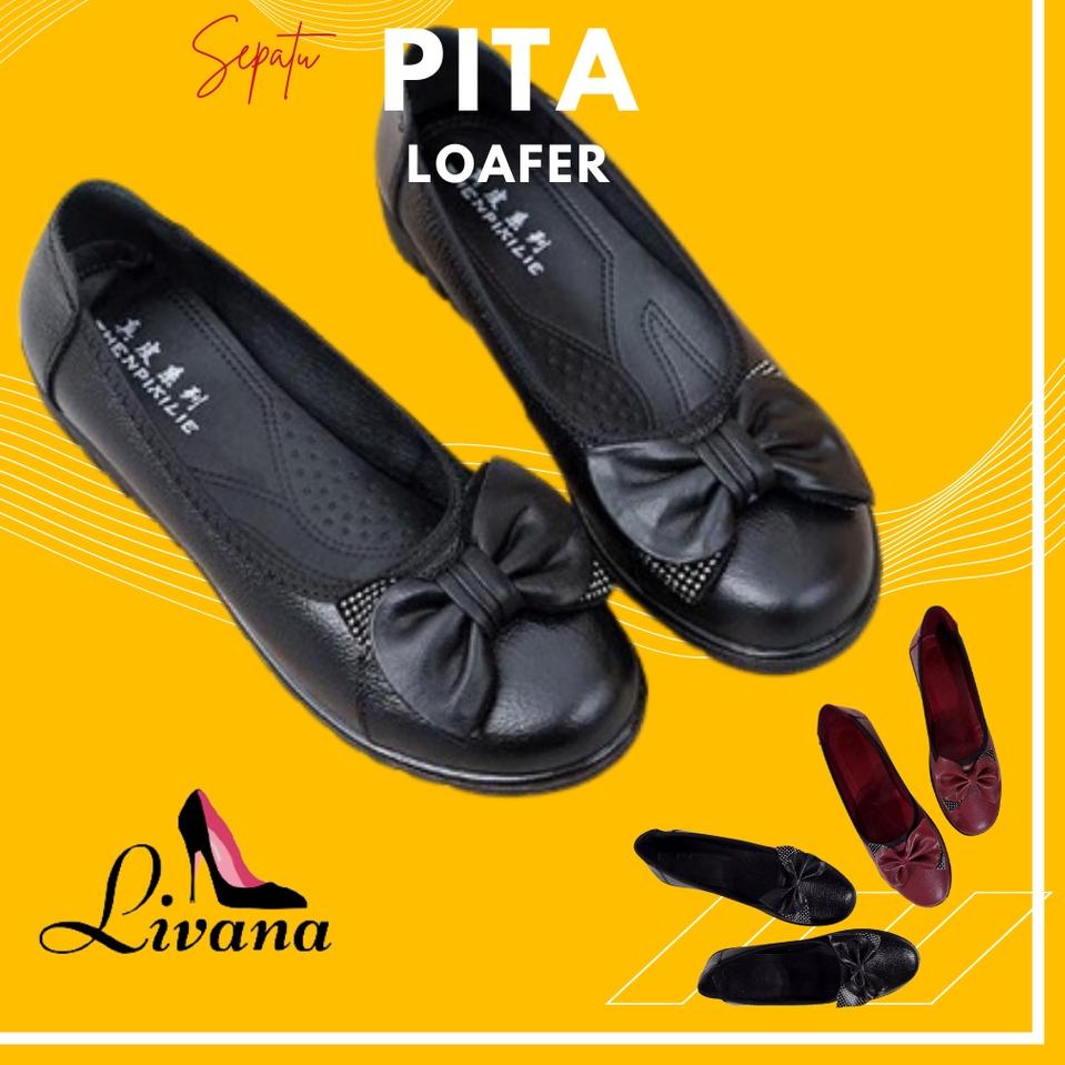 Barang Pilihan.. Sepatu Loafer Pita Wanita Livana Slop Flat Shoes Kekinian Murah Formal Kerja Casual