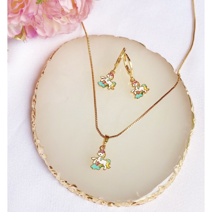 Set Perhiasan Anak Rainbow Unicorn ( Kalung + Anting Sepasang)