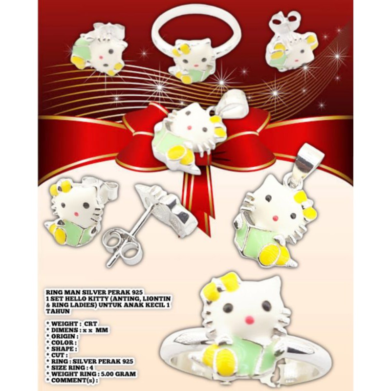 RING MAN SILVER PERAK 9251 SET HELLO KITTY (ANTING, LIONTIN & RING LADIES) UNTUK ANAK KECIL 1 TAHUN
