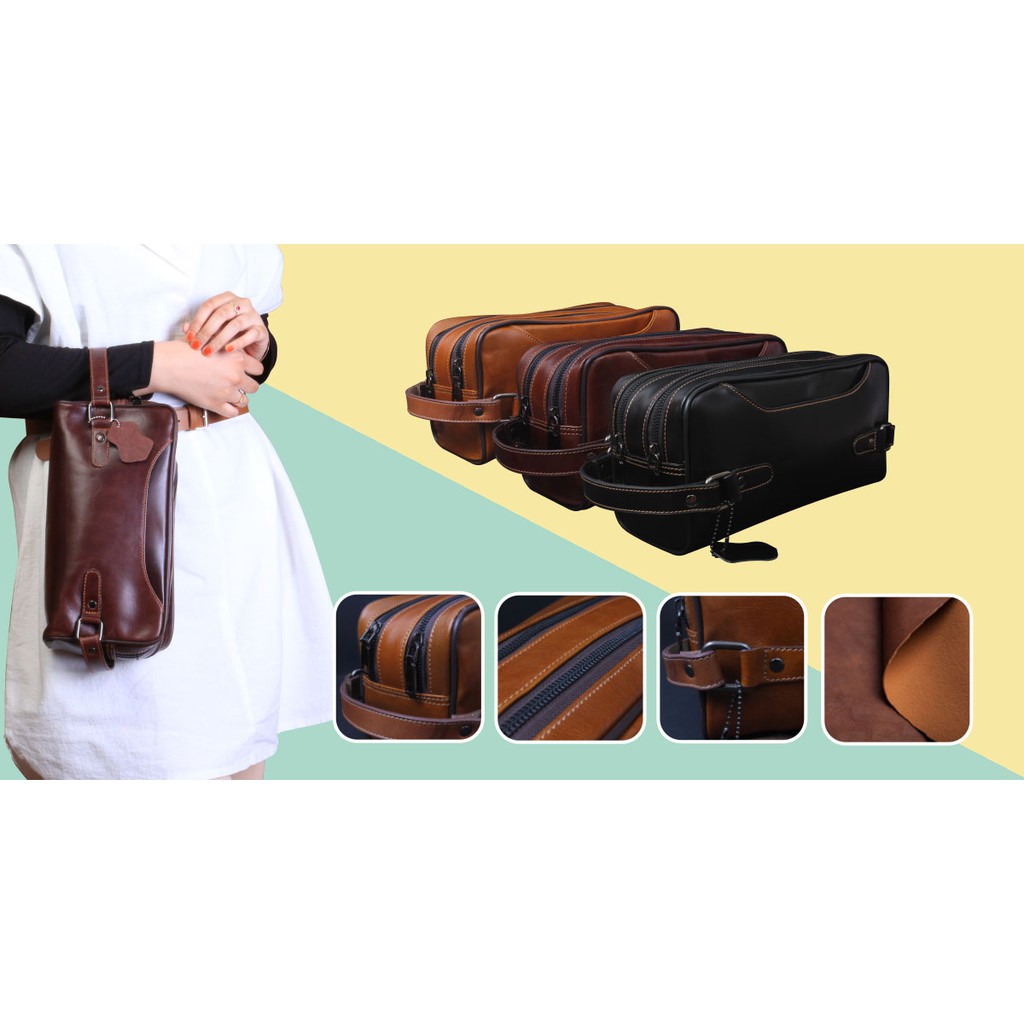 Tas Pouch Bag Kulit Sapi Asli / Tas Make Up Cewek Merk Alice Leather ZIVA - AP02