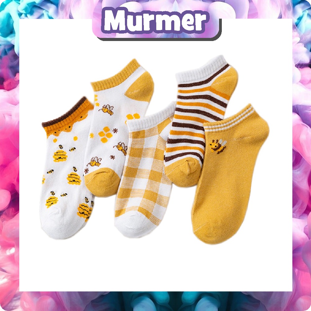 MurmerOfficial Kaos Kaki Wanita Motif Bunga Lebah Bee Kuning Fashion Korea Women Sock Import K002