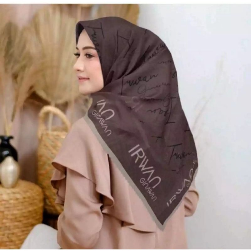 sale hijab segiempat motif Irwan Coklat jilbab voal kerudung