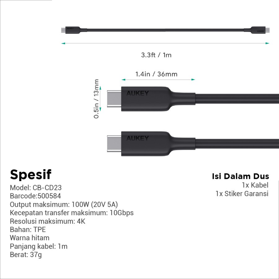 Aukey Cable CB-CD23 USB-C to C 5A TPE (100W) - 500584