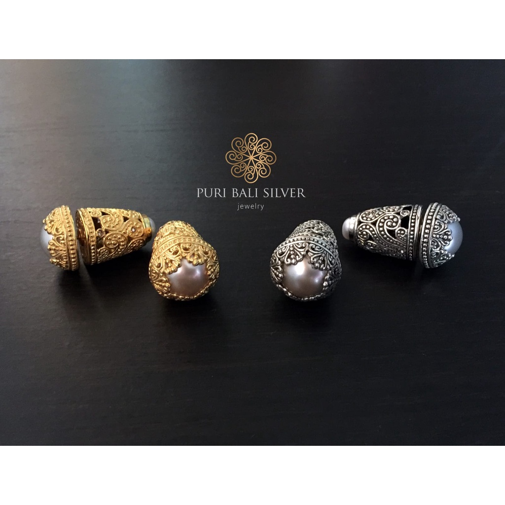 subeng giwang anting ukiran bun bali perak 925 dengan lapis emas permata mutiara