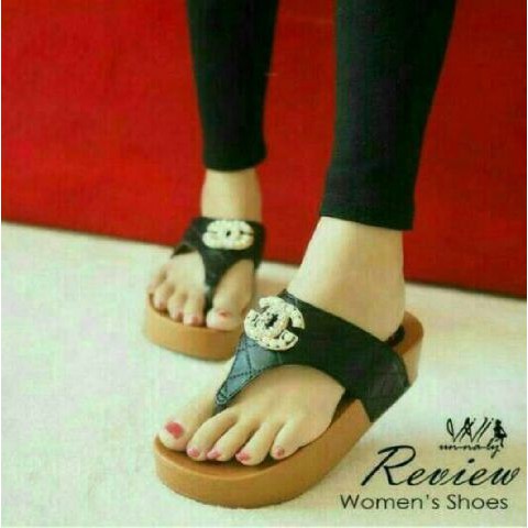 SANDAL WEDGES WANITA CC CHANEL TB-1160 WARNA HITAM SIZE 37-40