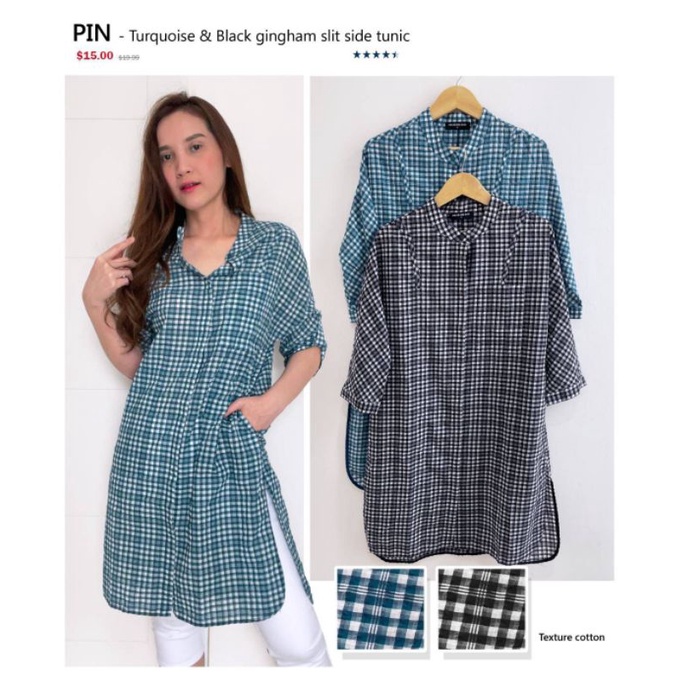 PIN O.B turquoise&amp;black gingham slit side tunic