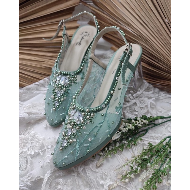 sepatu wanita wedding  kiyarisa sage green 7cm kaca