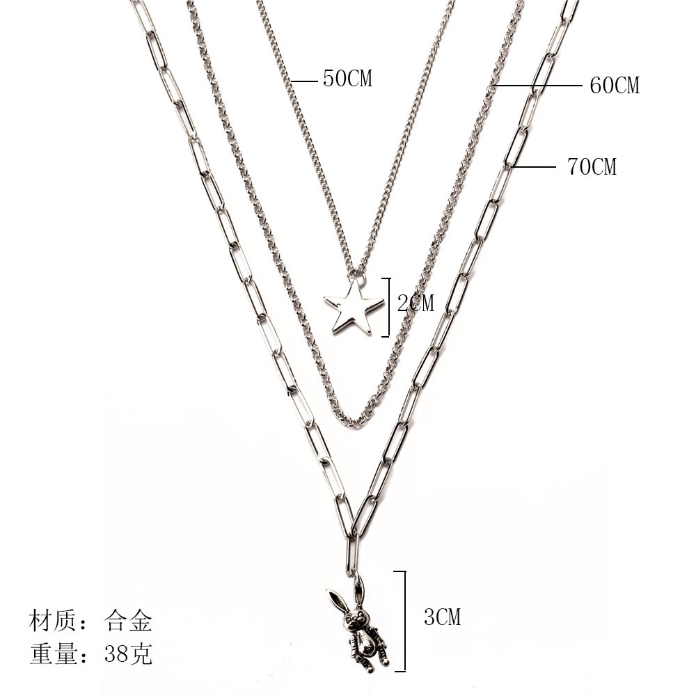 【MHANG】Retro Fashion Multilayer Bunny Pendant Necklace Hip-hop Style Thick Chain Star Clavicle Chain Light Luxury Ladies Accessories