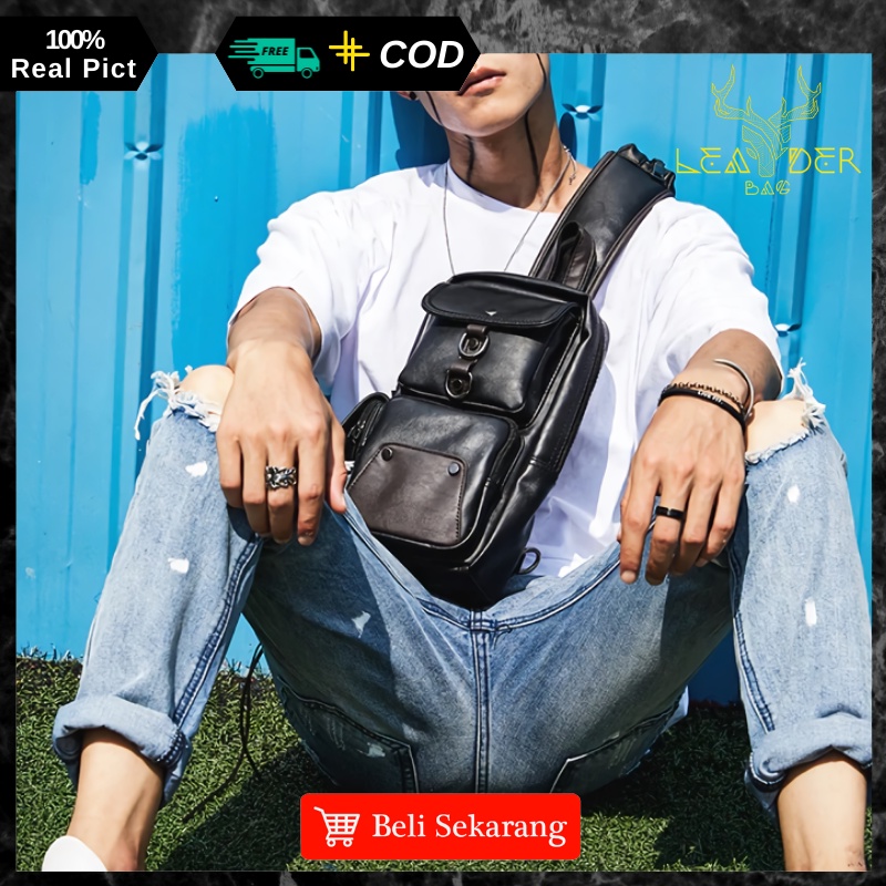 Tas Waist Bag Kulit Pria Original Model Terbaru Warna Hitam Atau Tas Slingbag Selempang Kulit Cowok Distro Import C12 GALAXI