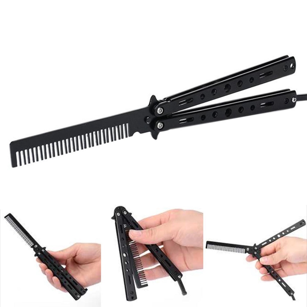 Sisir Besi Stainless Saku Lipat Rambut Keriting Rontok Salon Anak Pria Wanita Butterfly Balisong Ori