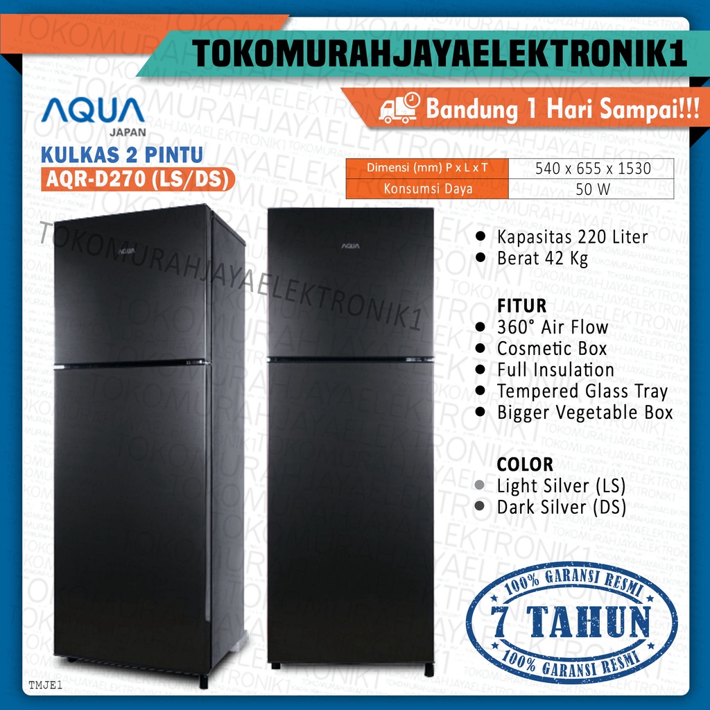 kulkas Aqua 2 pintu lemari es low watt AQR D 270 tanpa bunga es garansi resmi