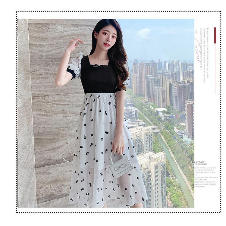 [littlecrab] Dress Square Neck Hitam Putih Dot Long Dress Atasan Hitam Karet Gaun Putih Motif Bunga Hitam Lengan Balon Pendek Simple Berkualitas Kasual Simply Korean Style