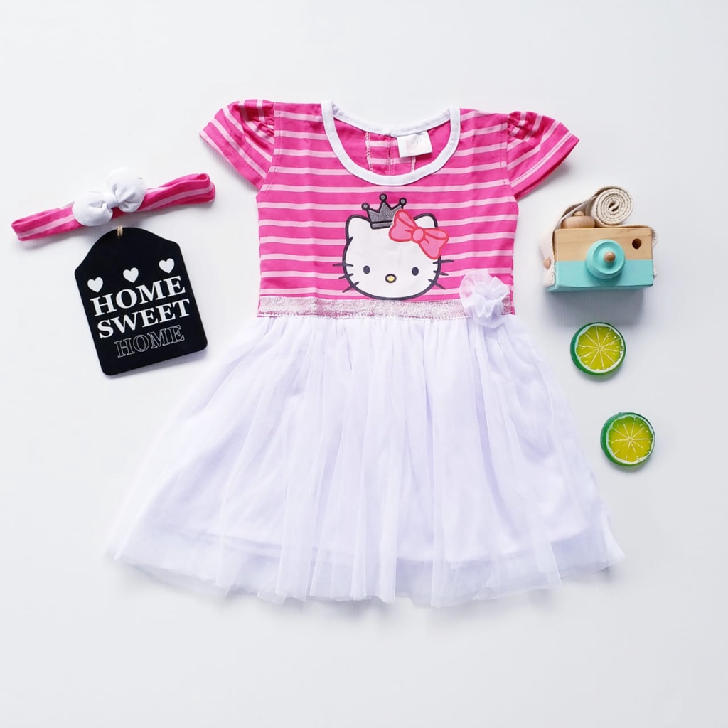 HappyOliver DRESS HK SALUR TILE + BANDO HRA Dress Bayi Baju Anak Perempuan newborn 3-18 bulan