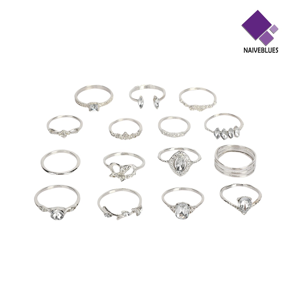 15pcs / Set Cincin Berlian Imitasi Stackable Gaya Bohemian Untuk Wanita