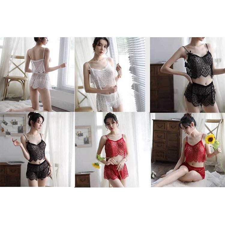 Long Night Set Lingerie Wanita Bahan Lace Tipis 2 Pcs Baju Sexy Seri 007