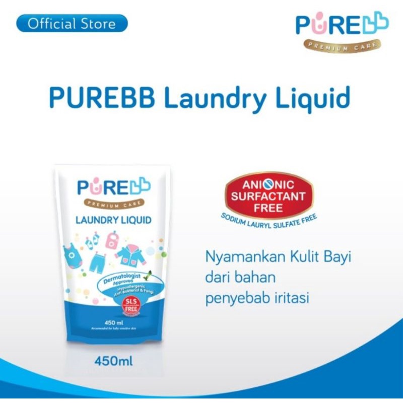 PureBB Laundry Liquid Refill Pouch 450 ml/Cairan Pembersih Pakaian Bayi