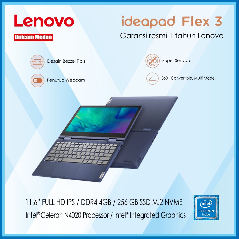 LAPTOP LENOVO IDEAPAD FLEX 3 Intel N4020/ 4GB DDR4/ 11.6&quot; FULL HD IPS/256 SSD