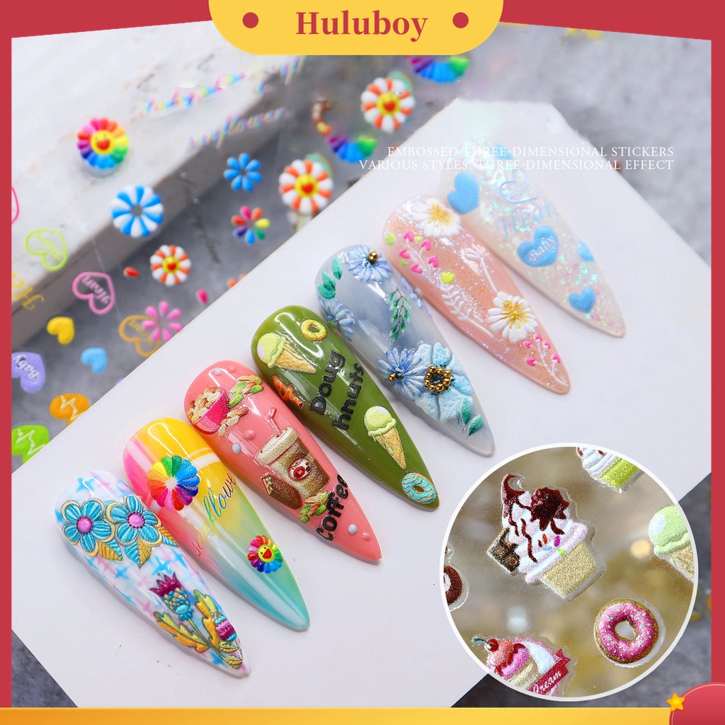 Huluboy Huluboy♡ Stiker Kuku Motif Ukir Efek 5D Dengan Perekat Untuk Dekorasi Manicure