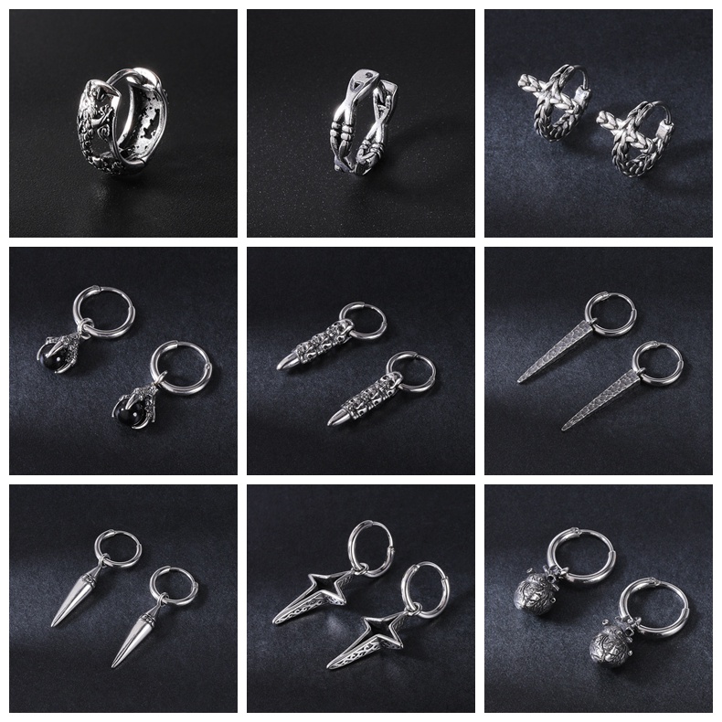 1 Pasang Anting Hoop Bahan Stainless Steel Desain Kerangka Salib Hati Naga Lingkaran Gaya Gothic Punk Vintage