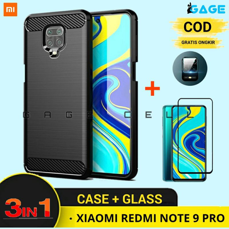 COD-3IN1 TG Soft Case Karbon Shock Proof Redmi Note 9 Pro Tempered Glass Full Layar Kamera Premium