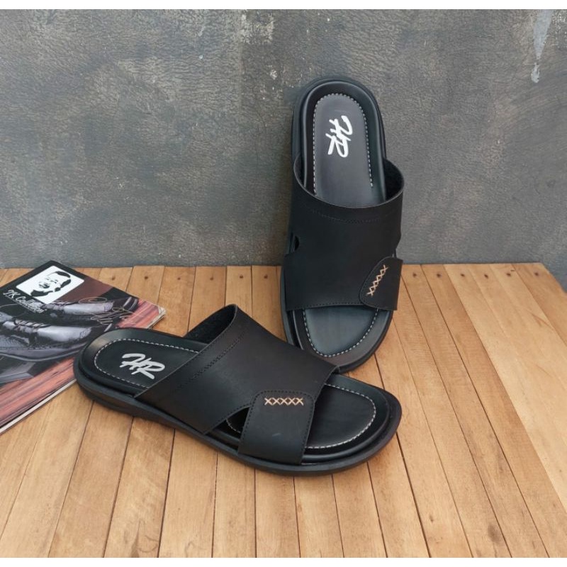 Sandal Slide Pria Kulit Brown-09 Sendal leather Slop Cowok Kokop Kasual Bapak2 Opa Clasik 38-44 BEST SELLER