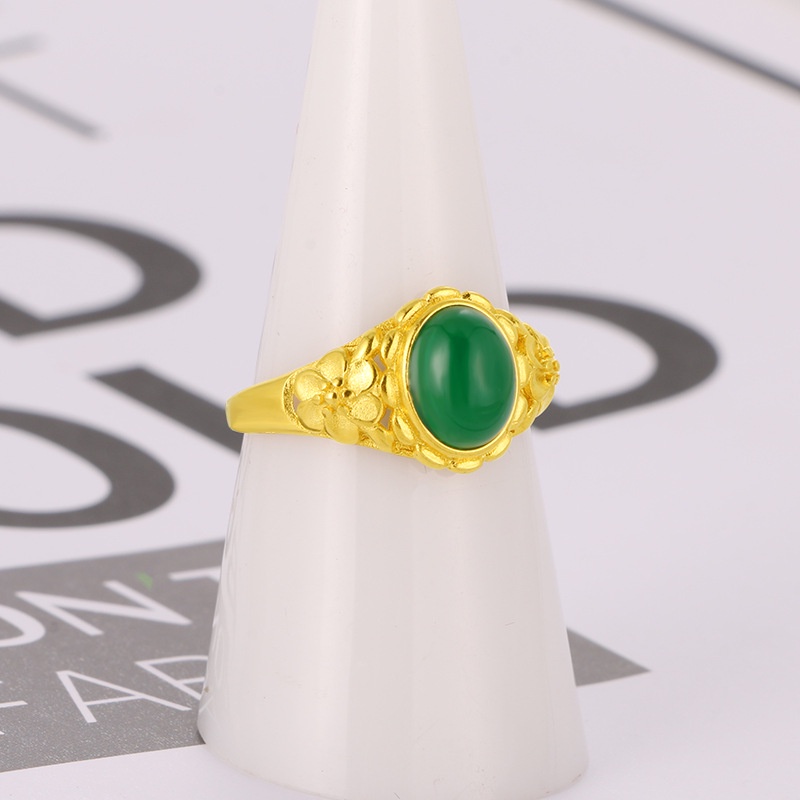 Cincin Emas Asli Kadar 375 Desain Bunga Melati Hijau Chalcedony 3D Untuk Wanita