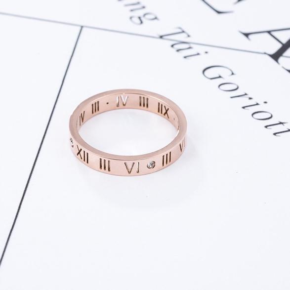 Keluaran Terbaru.. 513# LS Cincin wanita titanium lapis emas 18k model Huruf Romawi melingkar rosego
