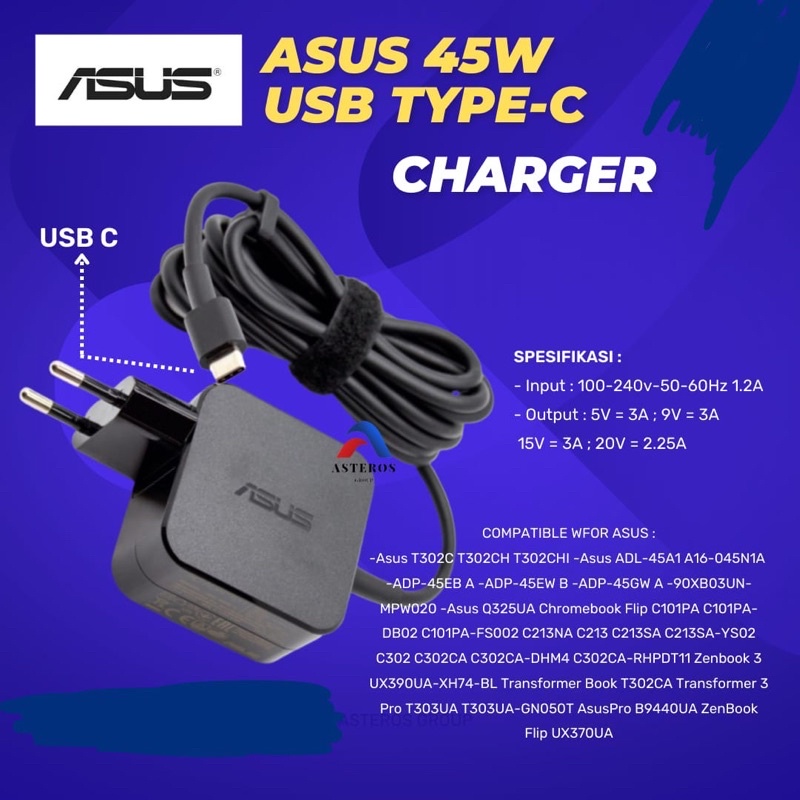 Charger Laptop Asus Usb Type C 45W Original