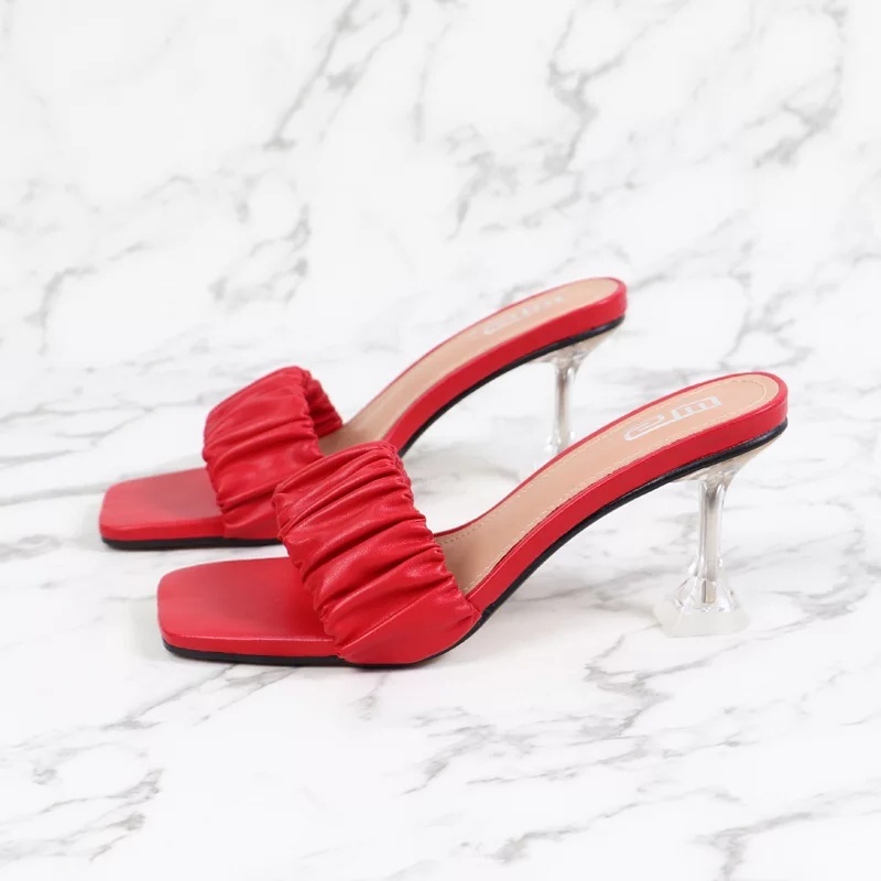 Sandal Slop Wanita Hak Kaca Kerut