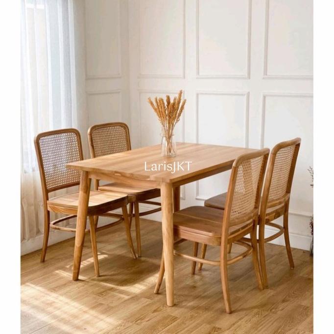Set Meja Makan 4 Kursi Jati Kombinasi Rotan - Set Meja Makan Retro Tokokeluarga133