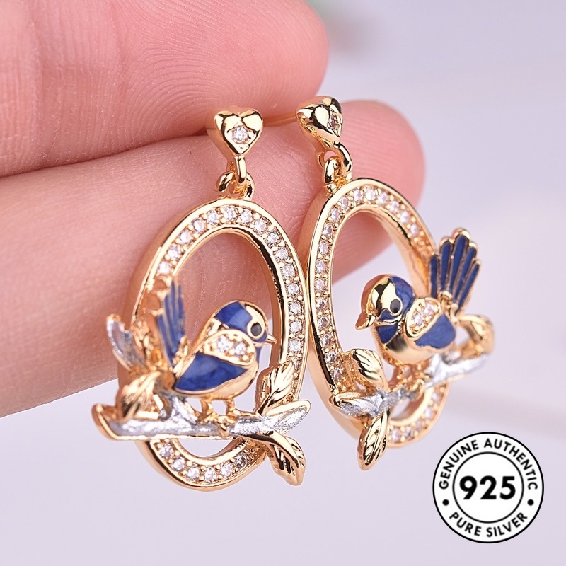 Anting Tusuk Motif Burung Bahan Sterling Silver 925 Warna Emas Untuk Wanita