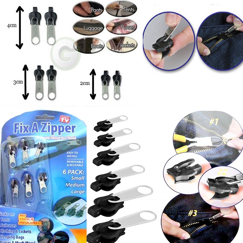 6pcs Kepala Resleting Universal Instan 3 Ukuran Untuk 3 Ukuran