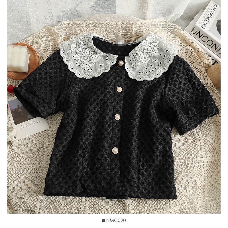 #Sisjuly# Wanita Blok Warna Berongga Boneka Kerah Single Breasted Cardigan Top Wanita Musim Panas Pe