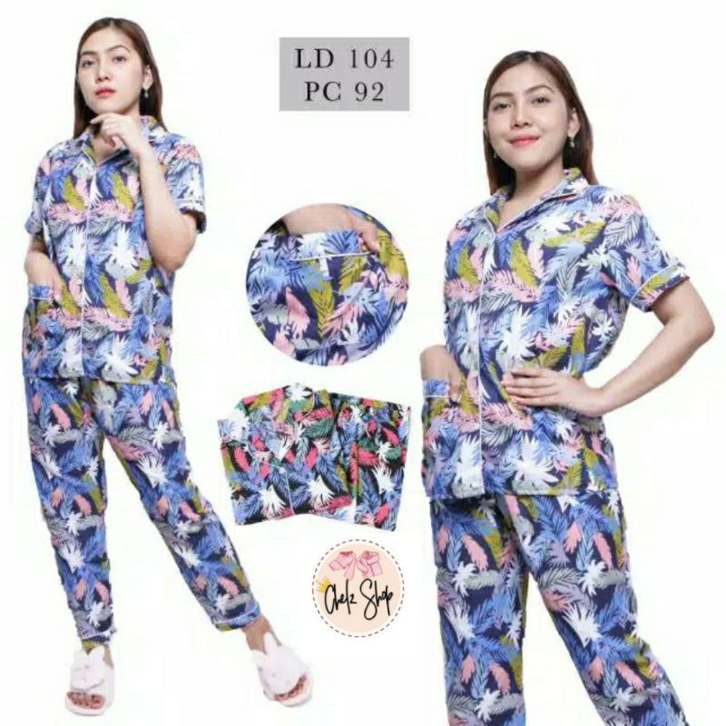 Baju Tidur Piyama Wanita/Cewek Pajamas Dewasa Katun Motif Daun Pastel