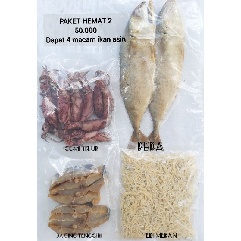 

PAKET HEMAT (2) (cumi telor, peda, daging tenggiri, teri medan)