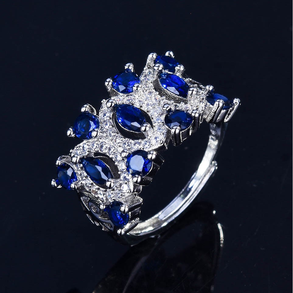 Cincin Perak 925 untuk Wanita Fashion Cincin Pt950 Platinum Biru Batu Permata Adjustable Perhiasan