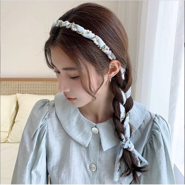 Bando Tali mutiara Korea Bandana Korea Wanita / Headband Tali Ikat Pita Motif Bunga Mutiara