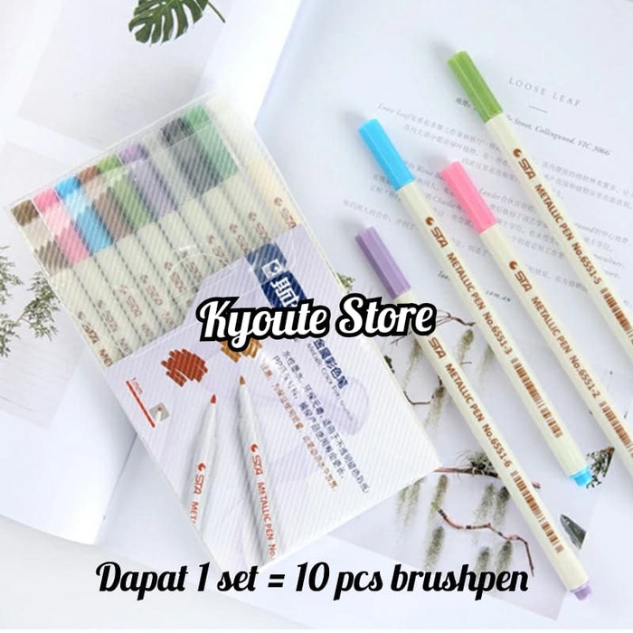 

kaligrafi-perlengkapan- sta metallic pen brush pen marker 10 warna set murah berkualitas - sta