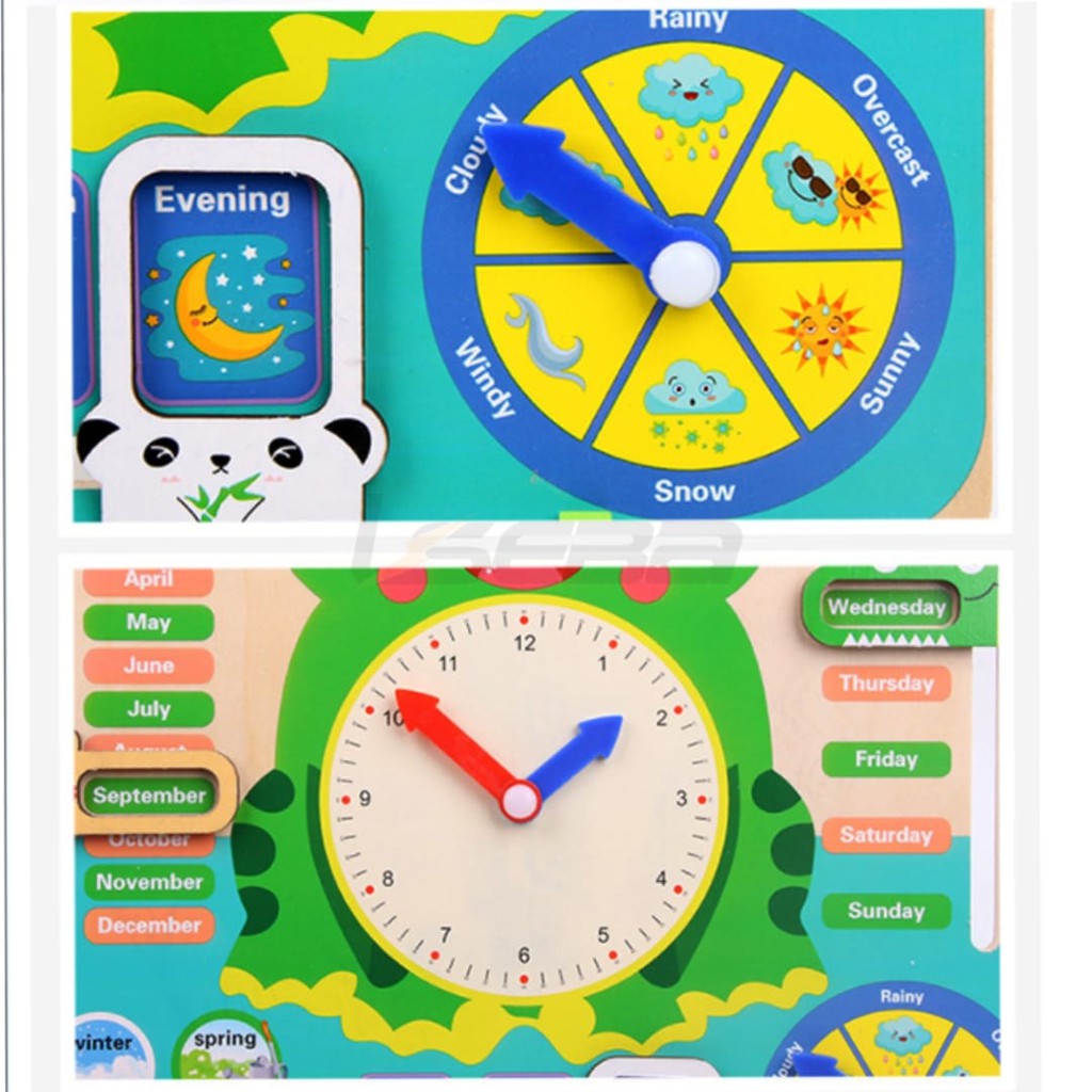 Mainan Edukasi Pengenalan Waktu / Cuaca , dll | CLOCK WOODEN TOYS