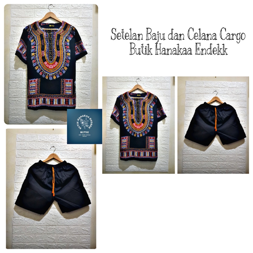 Setelan Baju dan Celana Cargo Etnik Dashiki Kotak Pria/Wanita (Unisex)