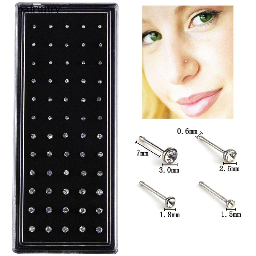 Prt 60pcs Anting Tindik Hidung / Tubuh Bahan Stainless Steel Hias Kristal Berlian Imitasi PRT