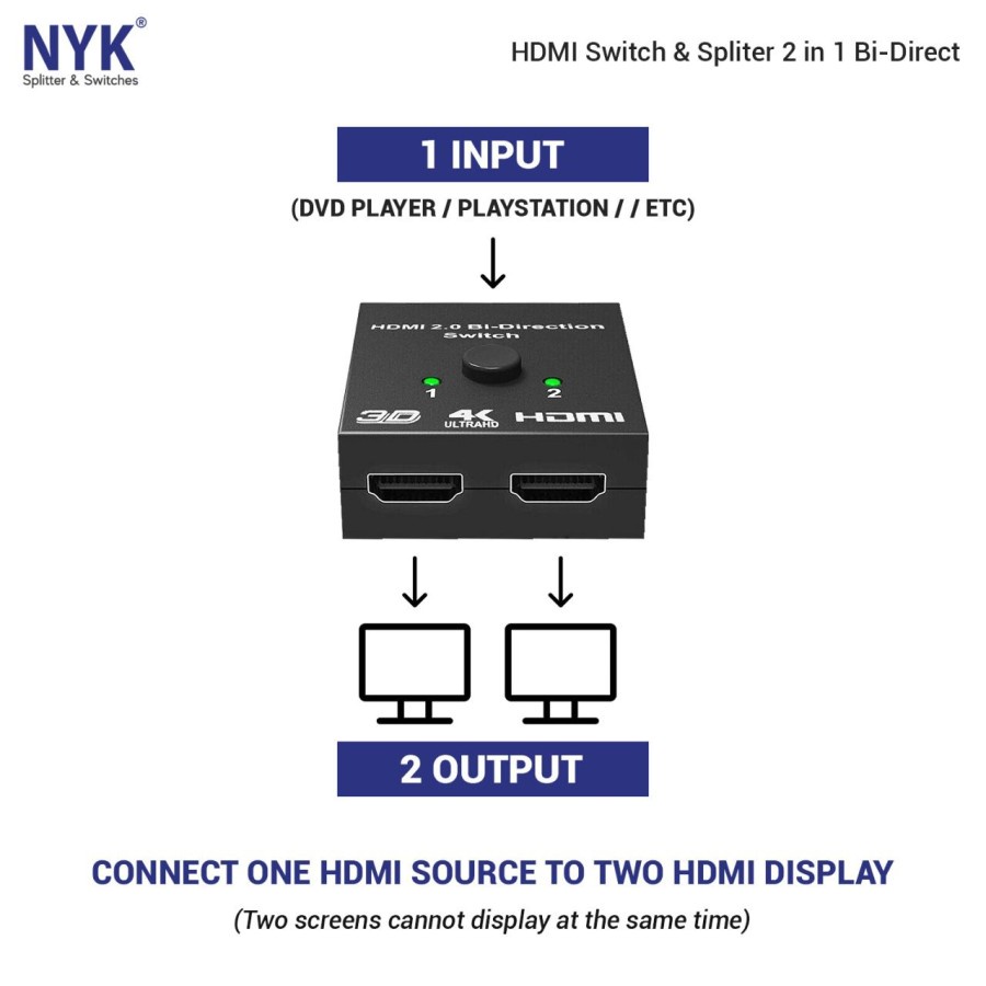 NYK HDMI Switch + Splitter 2 in 1 Bi-Direct 2 Port 4K - 2K