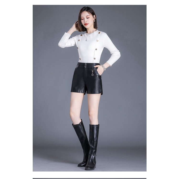 Celana Kulit PU Pendek Wanita Pinggang Tinggi Hitam Musim Semi, Musim Gugur dan Musim Dingin Celana Bot Celana Kulit Lurus Ropa Mujer Terbaru Celana Seksi Model Korea Style Terkini
