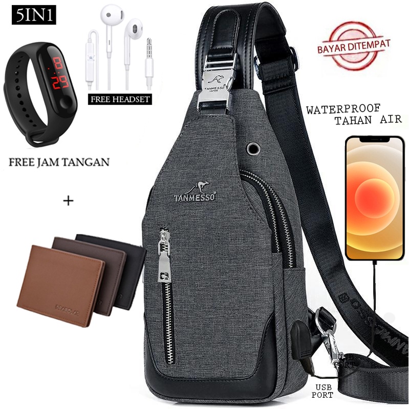 TANMESSO 5in1 BAYAR DITEMPAT- JAM LED -HEADSET- DOMPET -USBPORT -TAS WATERPROOF-BAHAN INTERPILAR SENDIRI LEMBUT DAN TEBAL MENGANDUNG 70%COTTON BUKAN PARASUT ATAU KANVAS SEPERTI YANG BEREDAR DIPASARAN-TAS SELEMPANG PRIA-SLING BAG PRIA